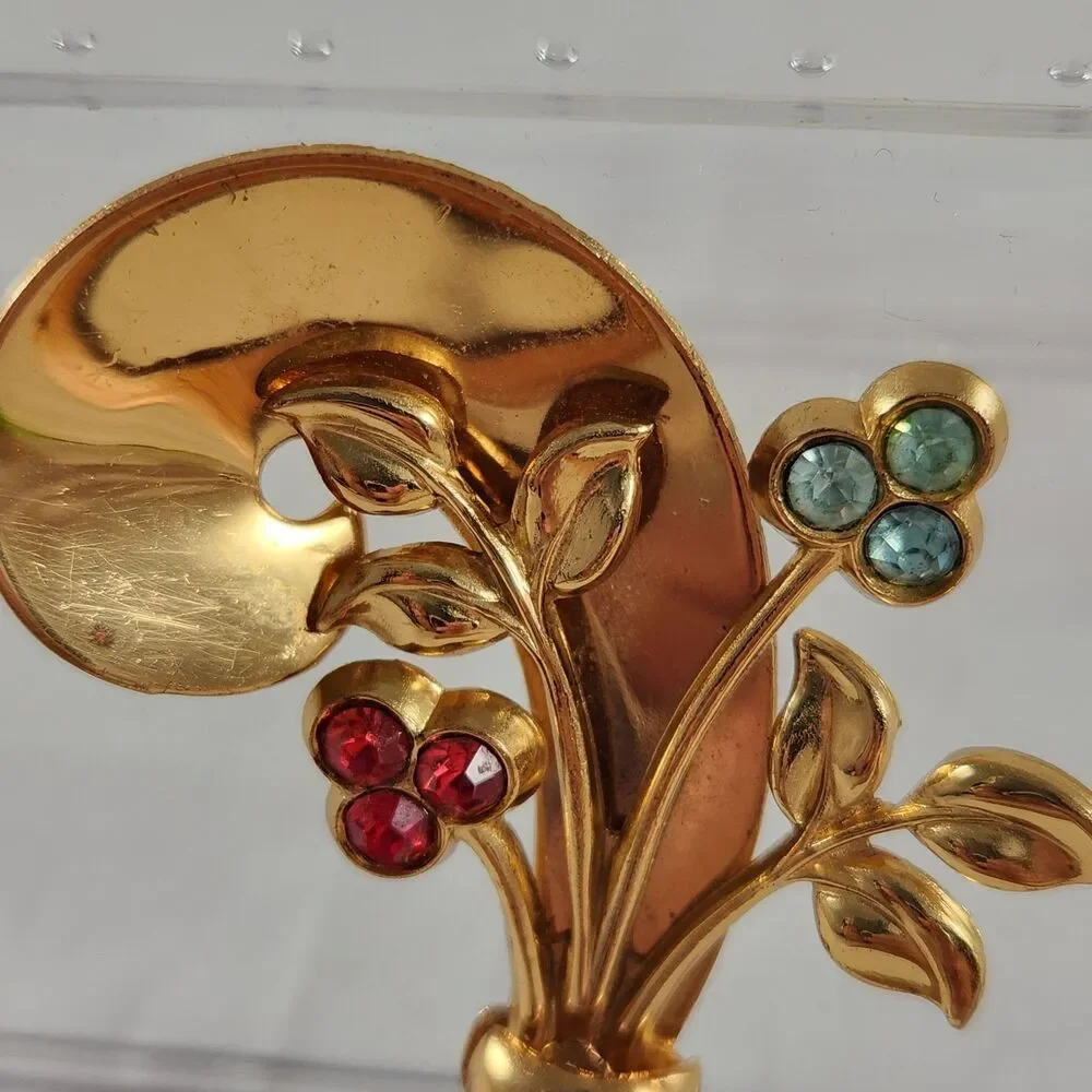 Signed Coro Brooch Pin Ribbon Spray Pink Blue Clover Leaves 2.25